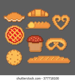 Bakery and pastry icon set. Pixel art. Old school computer graphic style.