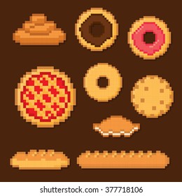 Bakery and pastry icon set. Pixel art. Old school computer graphic style.