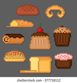 Bakery and pastry icon set. Pixel art. Old school computer graphic style.