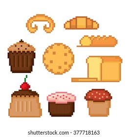 Bakery and pastry icon set. Pixel art. Old school computer graphic style.