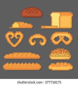 Bakery and pastry icon set. Pixel art. Old school computer graphic style.