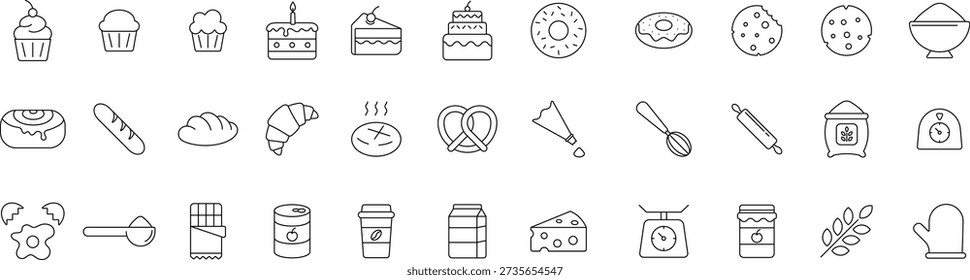 Conjunto de iconos de panadería y pastelería: postres dulces, pan, cupcakes, herramientas para hornear y confitería. Trazo editable