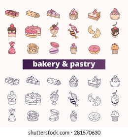 Bakery and pastry icons. Big vector set of colorful and outline signs of ice cream, chocolate, cake, cupcake, donut, candy and pancake. 