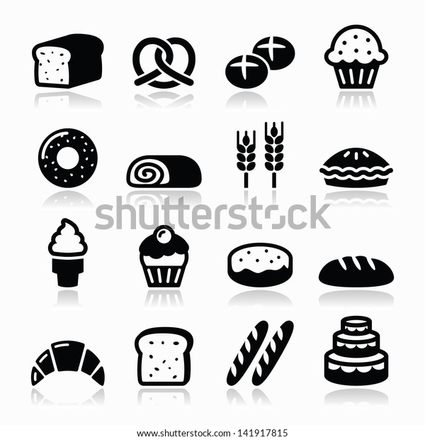 Bakery,\
pastry icons set - bread, donut, cake,\
cupcake