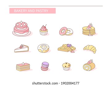 Bakery and Pastry Icons Set. Various Sweet Products Symbols. Cake, Muffin, Croissant, Cupcake and other Desserts. Flat Vector Illustration and Icons set.