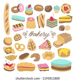 Сute bakery and pastry illustrations. Bread, cakes, cupcakes, sweet desserts drawings for menu and cafe decorations