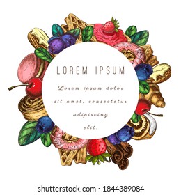 Bäckerei, Konditorei, Logo einzeln. Rundschild, Aufkleber für Backwaren oder Backwaren, für Verpackungsdesign. Vintage-Stil, handgezeichnete Vektorgrafik. Bakehouse, Shop-Banner, Emblem.