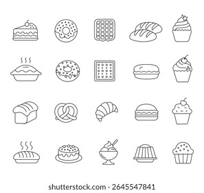 Padaria e pastelaria ícone da arte da linha definido no fundo branco. Perfeito para designs de blogs de comida