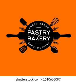 
Bakery and Pastry logo. Letters on a circle with utensils. Kitchen spatula, rolling pin, spoons, whisk. Black utensils silhouette on a orange background.