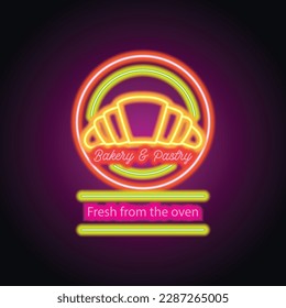 Bakery and pastry neon sign for bakery and pastry plank signboard. vector illustration