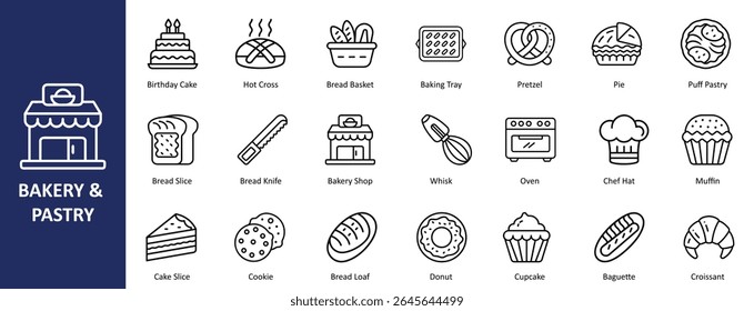 Padaria e pastelaria esboço ícones para alimentos, sobremesa, e projetos relacionados ao cozimento, perfeito para menus, lojas e temas culinários
