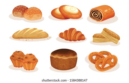 Bakery Pastry Products Collection, Bread, Pretzel, Roll, Bun, Muffin, Cheesecake Vector Illustration