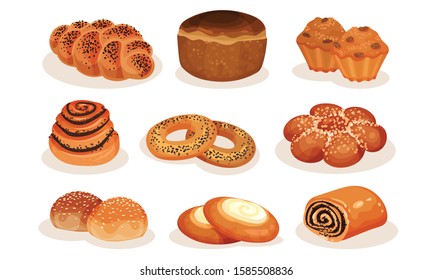 Bakery Pastry Products Collection, Bread, Bagel, Roll, Bun, Muffin, Cheesecake Vector Illustration