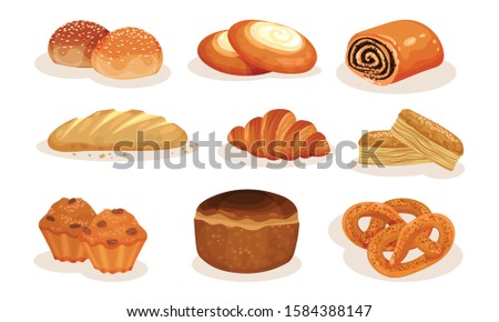 Bakery Pastry Products Collection, Bread, Pretzel, Roll, Bun, Muffin, Cheesecake Vector Illustration