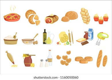 Bakery and pastry products icons set with various sorts of bread, sweet buns, cupcakes, dough and cakes for bakery shop or food