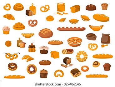 Bakery and pastry products icons set with various sorts of bread, sweet buns, cupcakes, dough and cakes for bakery shop or food design
