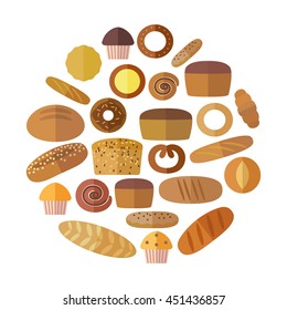 Bakery and pastry products icons set with various sorts of bread, sweet buns, cupcakes, dough  cakes