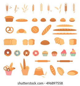 Bakery and pastry products icons set with various sorts of bread.