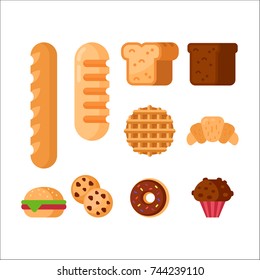 Bakery and pastry products icons set with various sorts of bread for bakery shop or food design. Vector flat illustration of bakery products icons - baguette, croissant, cupcake, waffles and cookies.