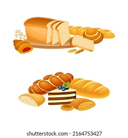 Gebäck und Backwaren. Brot, Laif, Kuchen, Knochen, Bäckereiladen, Vektorgrafik