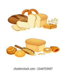 Bakery and pastry products set. Rye, whole grain and wheat bread and buns, bakery shop assortment vector illustration