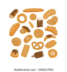 Bakery and pastry products set with various sorts of bread, sweet buns, cupcakes, dough and cakes for bakery shop or food design. illustration
