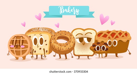 Bakery and pastry products set with various sorts of bread, sweet buns, cupcakes, dough and cakes for bakery shop or food design.