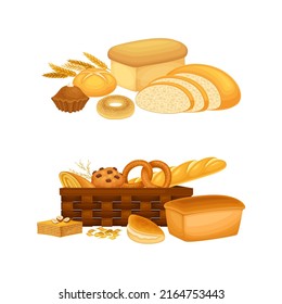 Bakery and pastry products set. Whole grain and wheat bread, bagel, muffin and bun, bakery shop assortment vector illustration