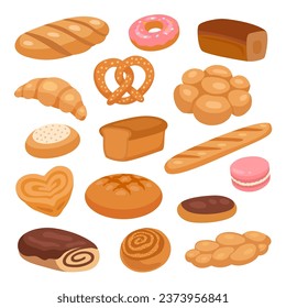 Bakery and pastry products set: whole grain bread, dark rye bread, wheat bun, donut, croissant, cottage cheese cake, french baguette, loaf, pretzel, chocolate roll, macaroon cookies, cinnamon bun