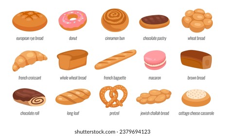 Bakery and pastry products: whole grain bread, dark rye bread, wheat bun, donut, croissant, cottage cheese cake, french baguette, loaf, pretzel, chocolate roll, macaroon cookies, cinnamon bun