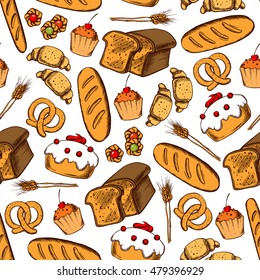 Bakery and pastry seamless background. Vector pattern wallpaper of croissant, bread, baguette, muffin, pretzel, bagel, cupcake for patisserie, cafe, bakery desserts shop