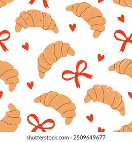 Bakery and pastry seamless pattern. Croissant, bread roll, sweet goods and bows with hearts for patterns, prints, wallpapers and product design. Hand drawn vector illustration.
