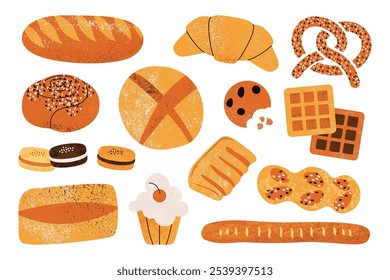 Bakery and pastry set. Bread assortment loafs buns cakes and sweet desserts, fresh baked products croissant bagel pretzel toast. Vector cartoon flat collection.