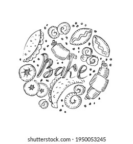 Bakery and pastry set vector doodle logo, lettering Bake. Label, emblem, badge, design elements isolated on white background