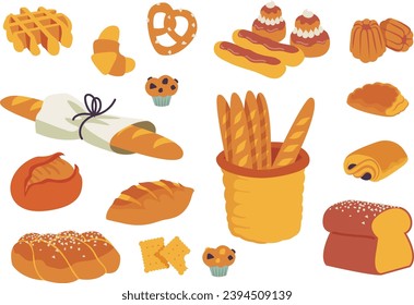 bakery pastry. Set of viennoiseries and breads. Vector illustration isolated on a white background. French bread, baguettes, croissant and brioche