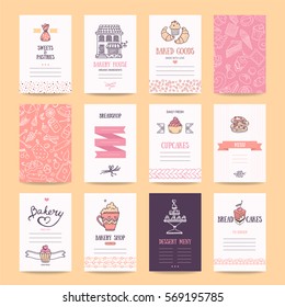 Bakery & pastry shop business cards, cafe poster, restaurant menu, food flyers. Artistic templates collection with hand drawn design elements: bakehouse logo, cake, pancake icons, sweets pattern.