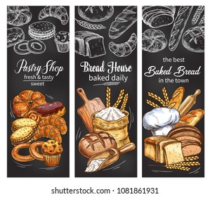 Bakery and pastry shop chalkboard banner set with bread and bun chalk sketch. Rye bread, wheat baguette and croissant, sweet bun, raisin cupcake and toast, chocolate roll, cake, cookie and bagel
