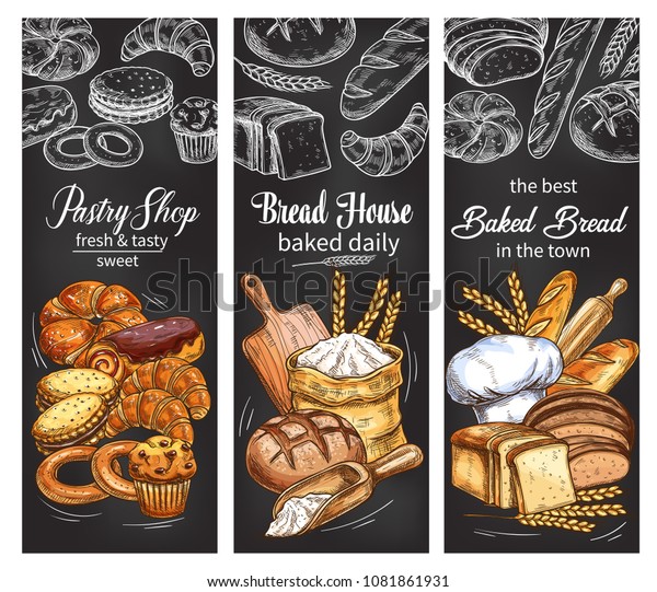 Bakery and pastry shop chalkboard banner set with\
bread and bun chalk sketch. Rye bread, wheat baguette and\
croissant, sweet bun, raisin cupcake and toast, chocolate roll,\
cake, cookie and bagel