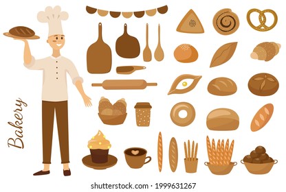Bakery, pastry shop, cook. A set of baking, bread and confectionery products. Buns, baguette, croissant, cake, khachapuri and kitchen utensils. The vector illustration is isolated.