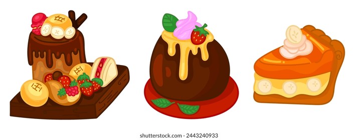 Bakery and pastry shop desserts banner set. Cake, cake slices, chocolate brownie, fruit dessert, cherry, strawberry, cookie and caramel. Vector illustration.