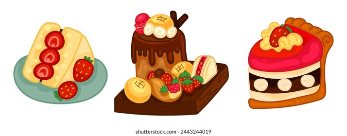 Bakery and pastry shop desserts banner set. Cake, cake slices, chocolate brownie, fruit dessert, cherry, strawberry, cookie and caramel. Vector illustration.