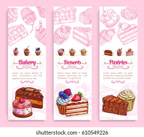 Bakery And Pastry Shop Desserts Banner Set. Cake, Cupcake, Chocolate Brownie, Fruit Dessert, Muffin, Berry Pie And Pudding With Cream, Cherry, Strawberry, Cookie And Caramel. Cafe Menu Flyer Design.