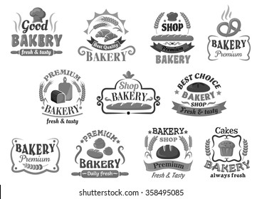 Bakery and pastry shop emblems, icons and signboards design with assorted bread, buns, cupcake, croissant and pretzel, framed by ribbon banners, cartouches, sun rays, wheat ears, toques and stars