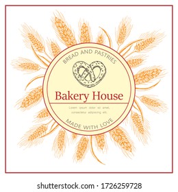Bakery, pastry shop label, flyer template with wheat ears wreath and pretzel logo on white background. bakeshop vector hand drawn sketch illustration. banner for bakehouse, bread packaging design