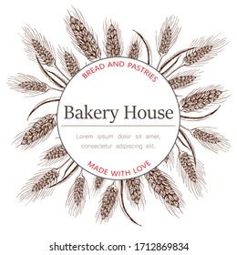 Bakery, pastry shop label, logo, flyer template with wheat ears wreath and lettering on white background. bakeshop vector hand drawn sketch illustration. banner for bakehouse, bread packaging design