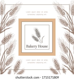 Bakery, pastry shop label, logo, flyer template with wheat ears frame, spikelet and lettering. bakeshop background. vector hand drawn sketch illustration. banner for bakehouse, bread packaging design