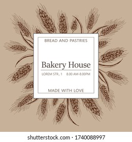 Bakery, pastry shop label, logo, flyer template with wheat ears frame, pretzel and lettering. bakeshop background. vector hand drawn sketch illustration. banner for bakehouse, bread packaging design