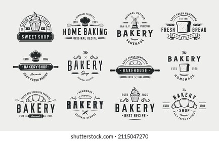 Bakery, Pastry shop logo set. 12 bakery emblems, labels, badges. Baking, Cooking labels. Trendy vintage hipster design. Vector illustration