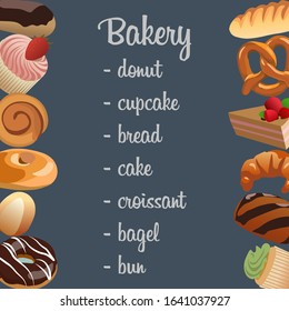 Bakery pastry shop menu frame banner concept realistic flat vector illustration.