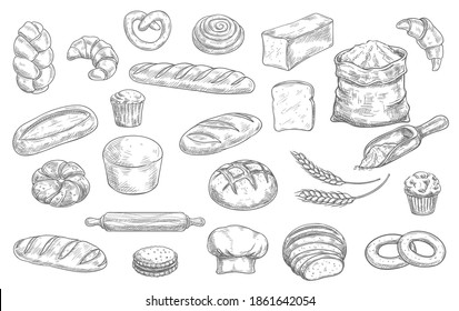 Bakery and pastry shop products sketch vector set. Wheat and rye bread, loaf, challah and baguette, croissant, pretzel and bagel, muffin, cupcake and cookie, rolling pin, toque and flour sack vector